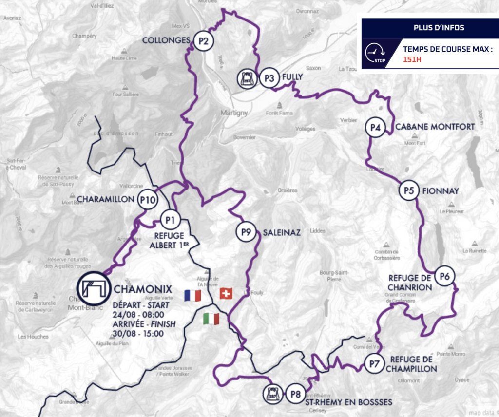 Parcours de l'UTMB PTL 300km Ultra trail du Mont-Blanc 2026